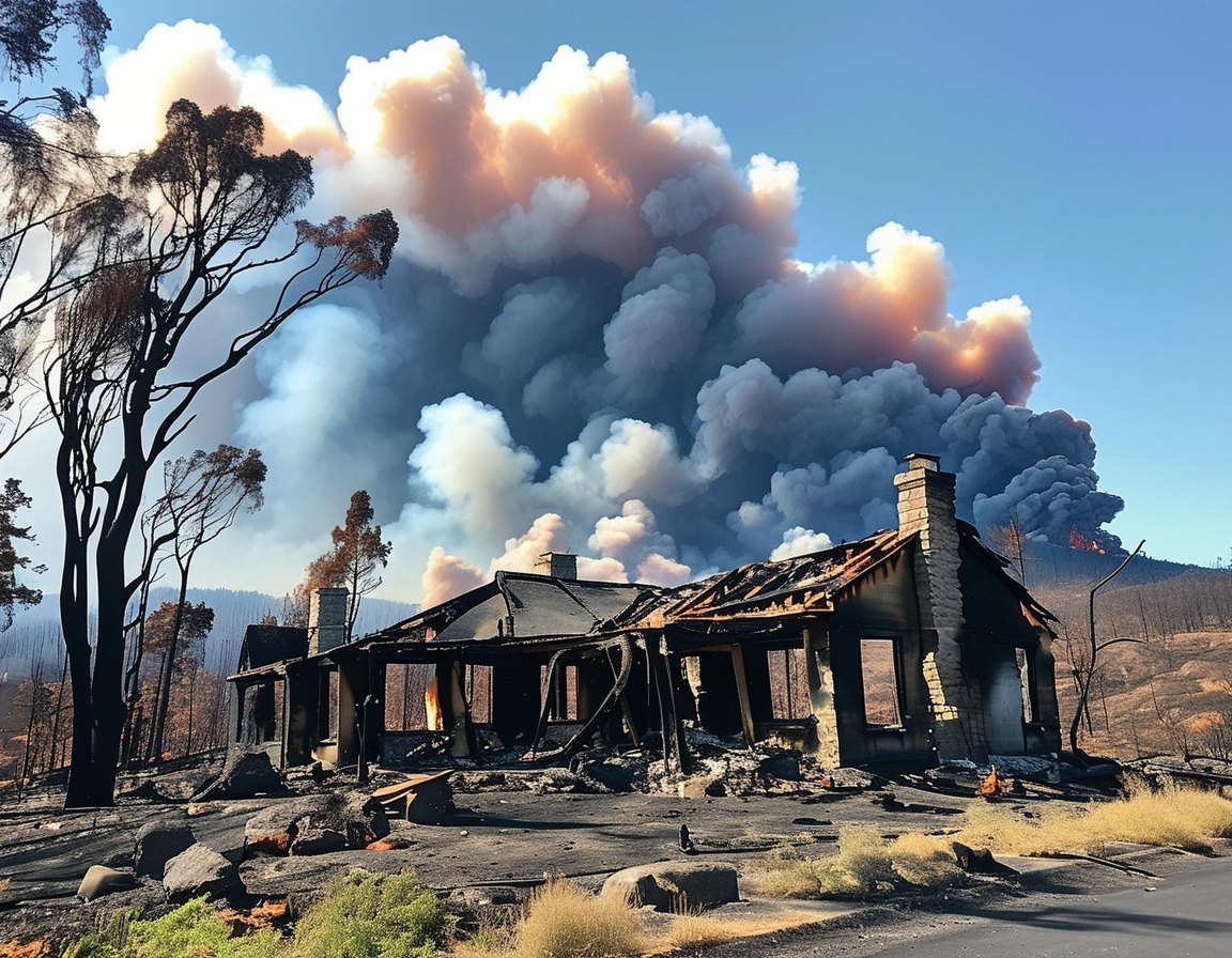 Spencer Pratt and Heidi Montag standing in front of their damaged property, looking somber and reflective, symbolizing their personal loss and ongoing legal struggle.