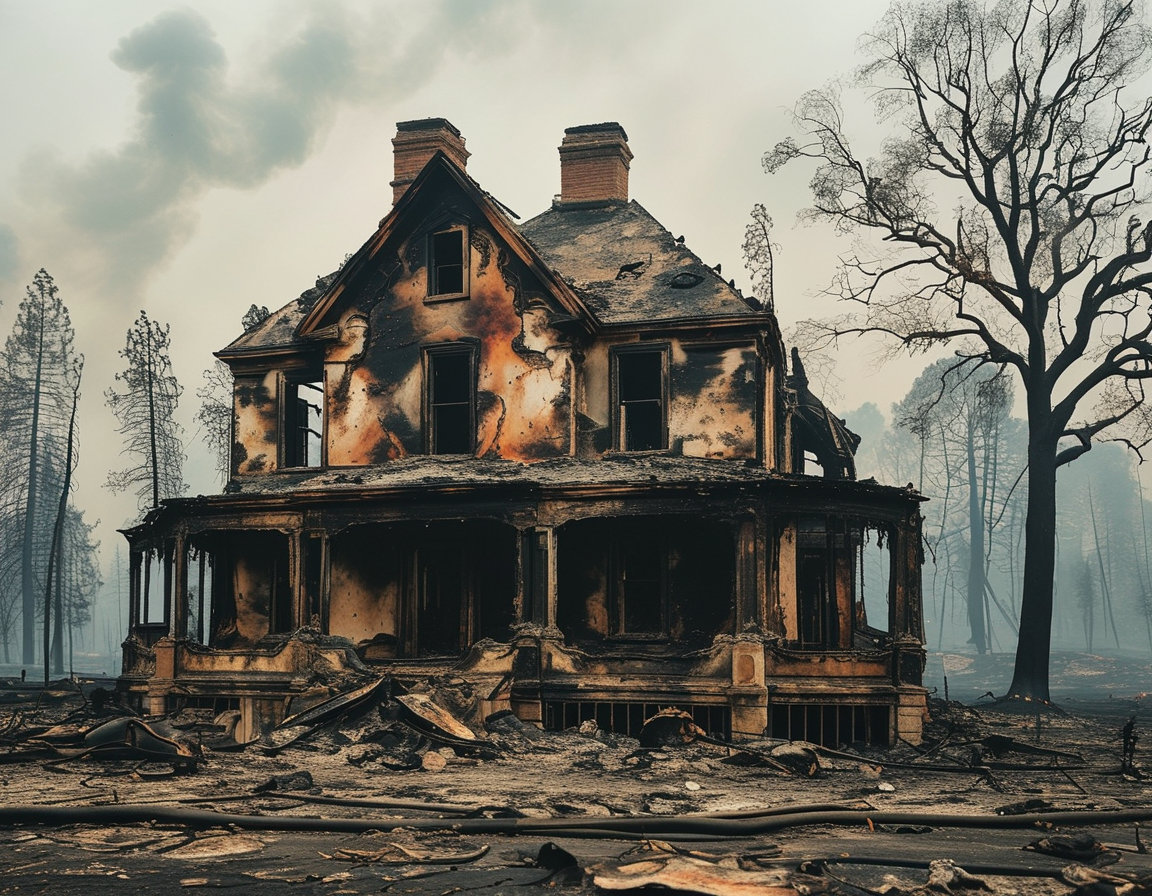 A close-up of family photos held by Eric, showcasing joyful moments with his father, framed against a backdrop of the wildfires' aftermath, symbolizing enduring love.