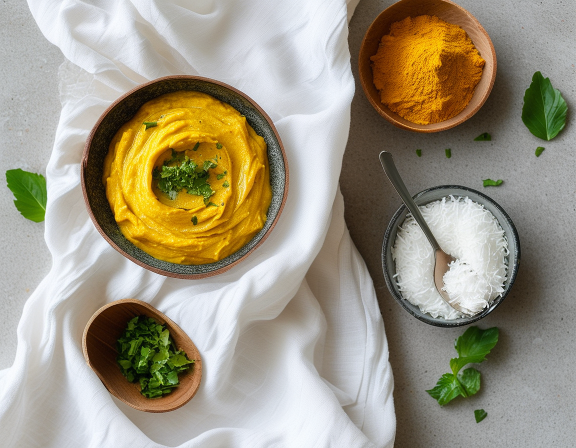 A close-up of fresh turmeric, ginger, and lemongrass ingredients on a wooden cutting board, alongside a small bowl of coconut oil, highlighting the natural remedy preparation.