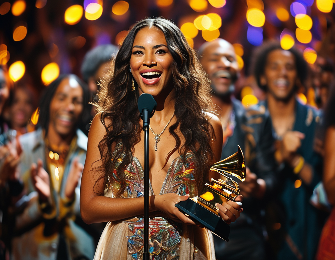 A surprised Beyoncé holding her Grammy award on stage, surrounded by vibrant stage lights and musicians, with her family cheering in the background, capturing the essence of her historic win.