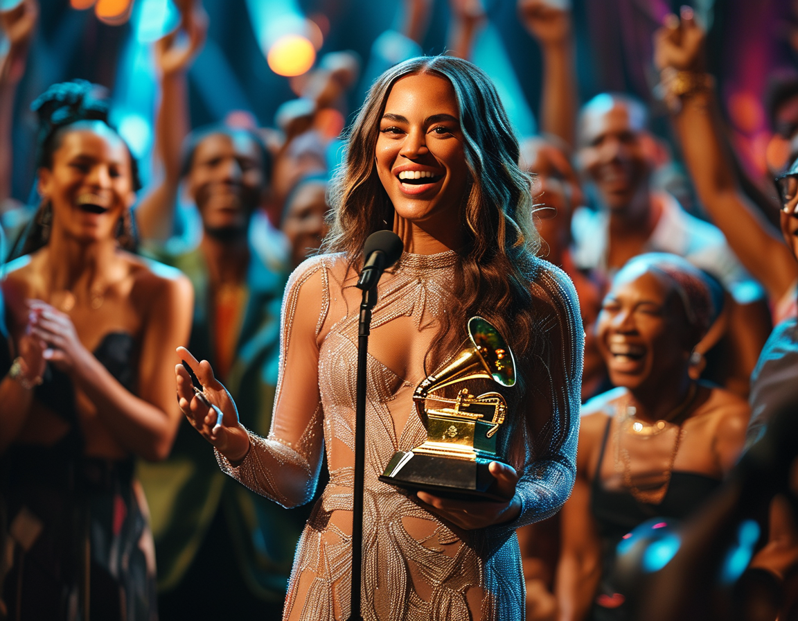 Taylor Swift presenting the Grammy to Beyoncé, both artists showcasing joy and surprise as they share this memorable moment, encapsulating the spirit of musical collaboration.