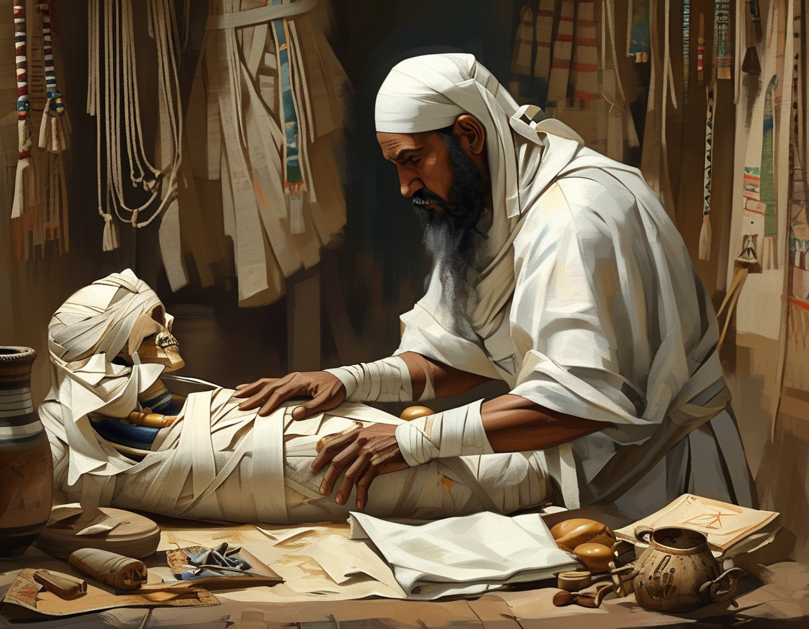 An illustration depicting the ancient process of mummification, showcasing priests at work, the linen wrapping, and artifacts that accompanied the mummies for the afterlife.