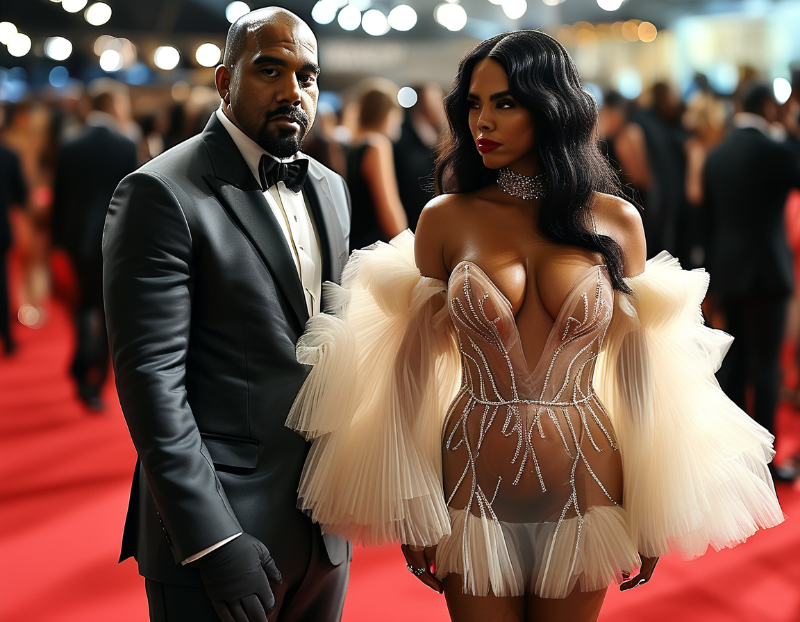 A striking image of Bianca Censori on the Grammy red carpet wearing a daring sheer mini dress, juxtaposed with Kanye West appearing concerned in the background, capturing the essence of their controversial moment.