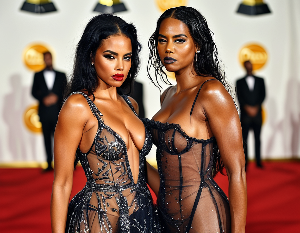 An artistic shot of the Grammy stage showcasing the grandeur of the event while showing the fashion risk taken by Bianca Censori, symbolizing the clash between bold expression and cultural expectations.