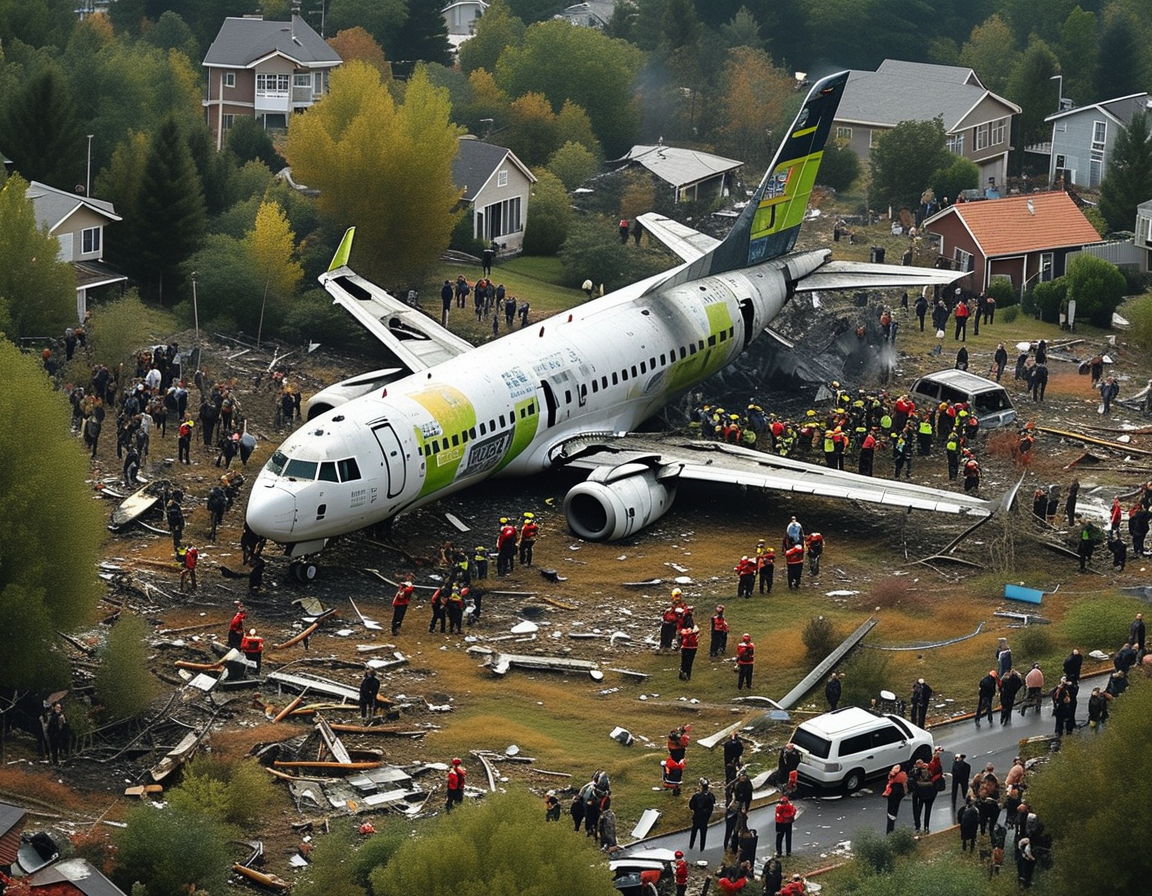 The image illustrates a sobering scene of a plane crash in a residential neighborhood, with emergency responders and bystanders gathered amidst debris, reflecting the tragedy and the community's sorrow.