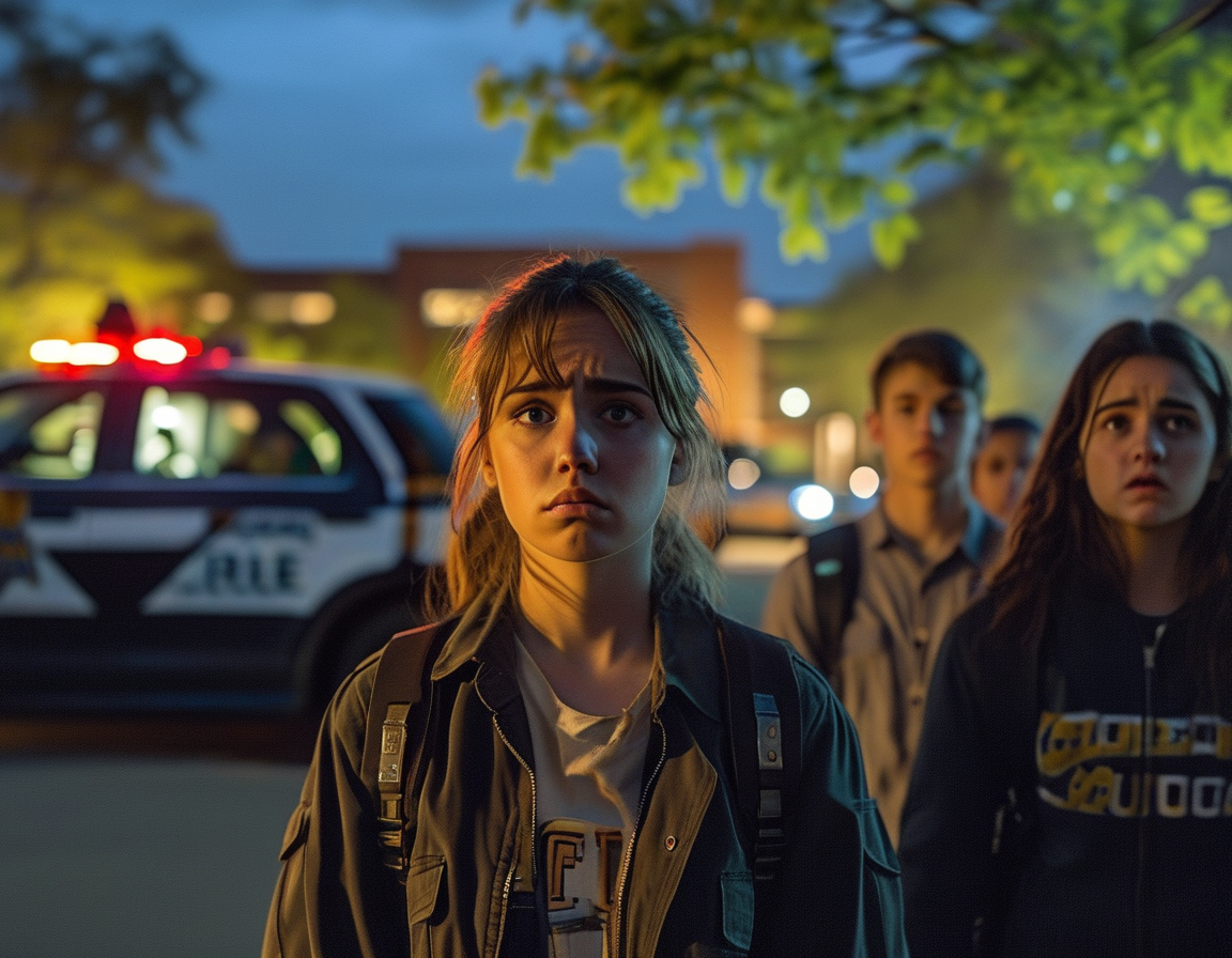 An image depicting a college campus at night, with students looking concerned and a police car in the background, highlighting the tension surrounding the impersonation incident.