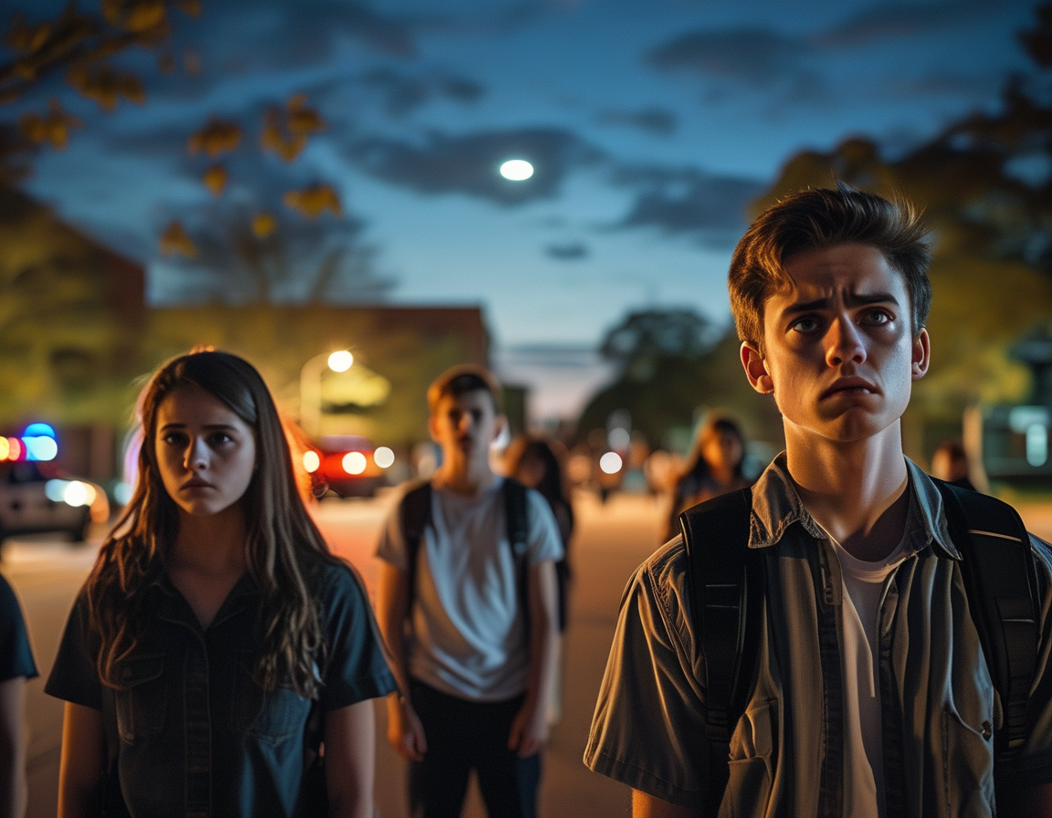 A close-up view of a college dormitory entrance, showcasing a sign that emphasizes safety protocols while students discuss the recent impersonation case, reflecting their unease.