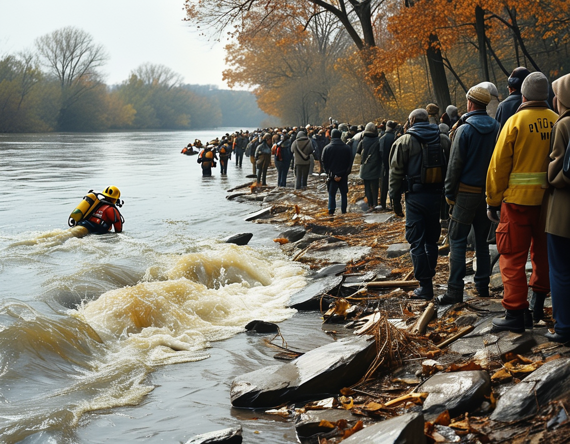 A somber scene showing rescue teams working along the Potomac River, with divers preparing for operations, surrounded by family members anxiously awaiting updates on loved ones.