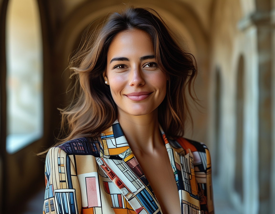 A portrait of Bianca Censori smiling confidently, dressed in a chic ensemble that combines elements of architecture and fashion, symbolizing her unique creative vision.