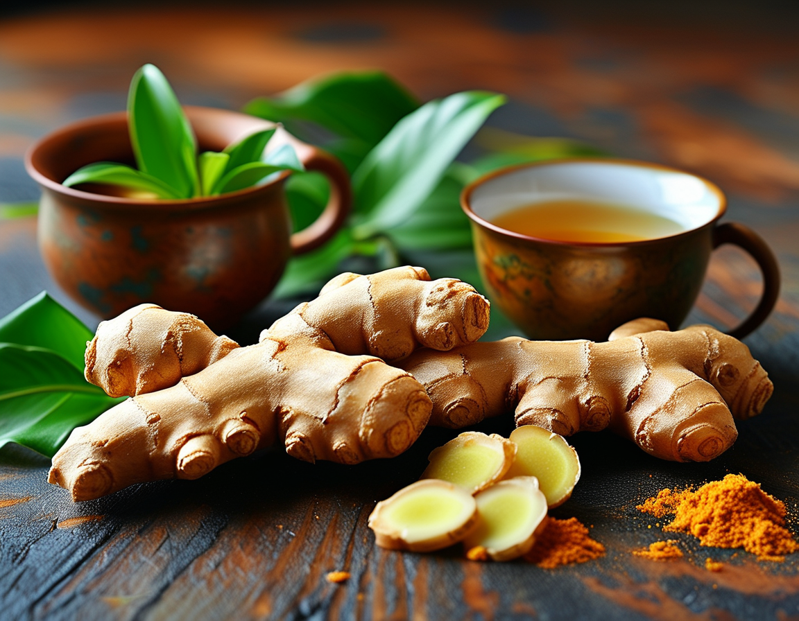 A vibrant display of fresh ginger roots alongside ginger tea, symbolizing its numerous health benefits like anti-inflammation and digestion support.