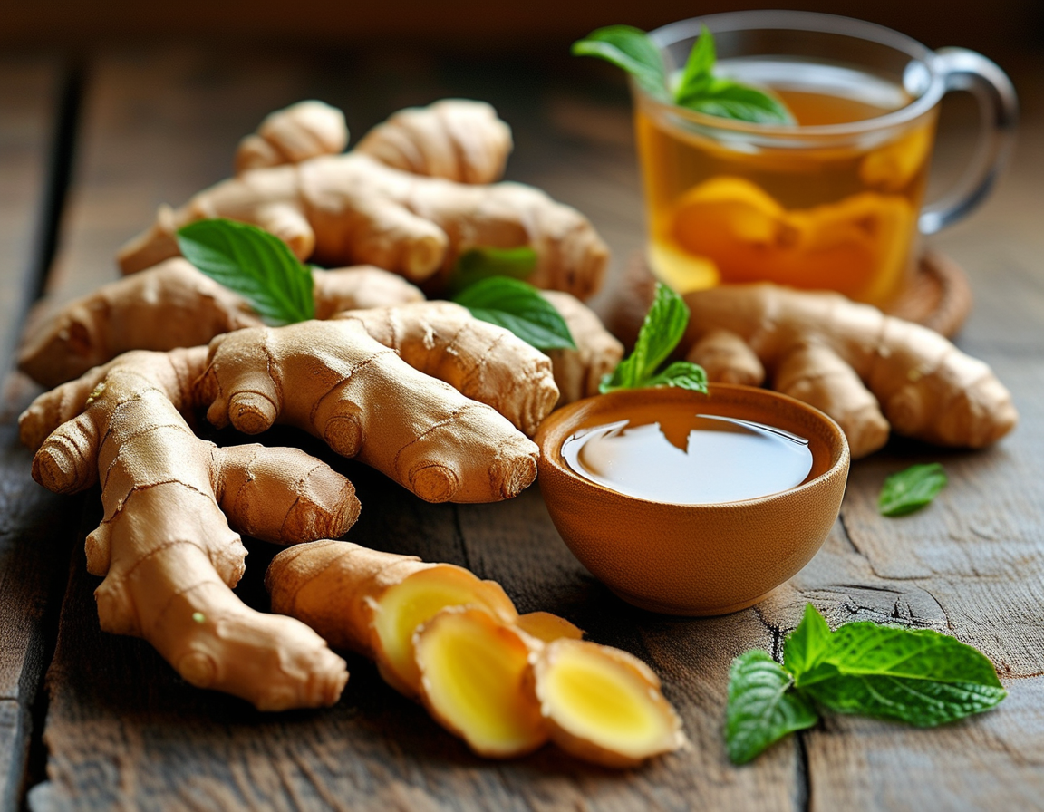 A close-up of sliced ginger on a wooden cutting board, emphasizing its role as a natural remedy for various health issues, from nausea to joint pain relief.