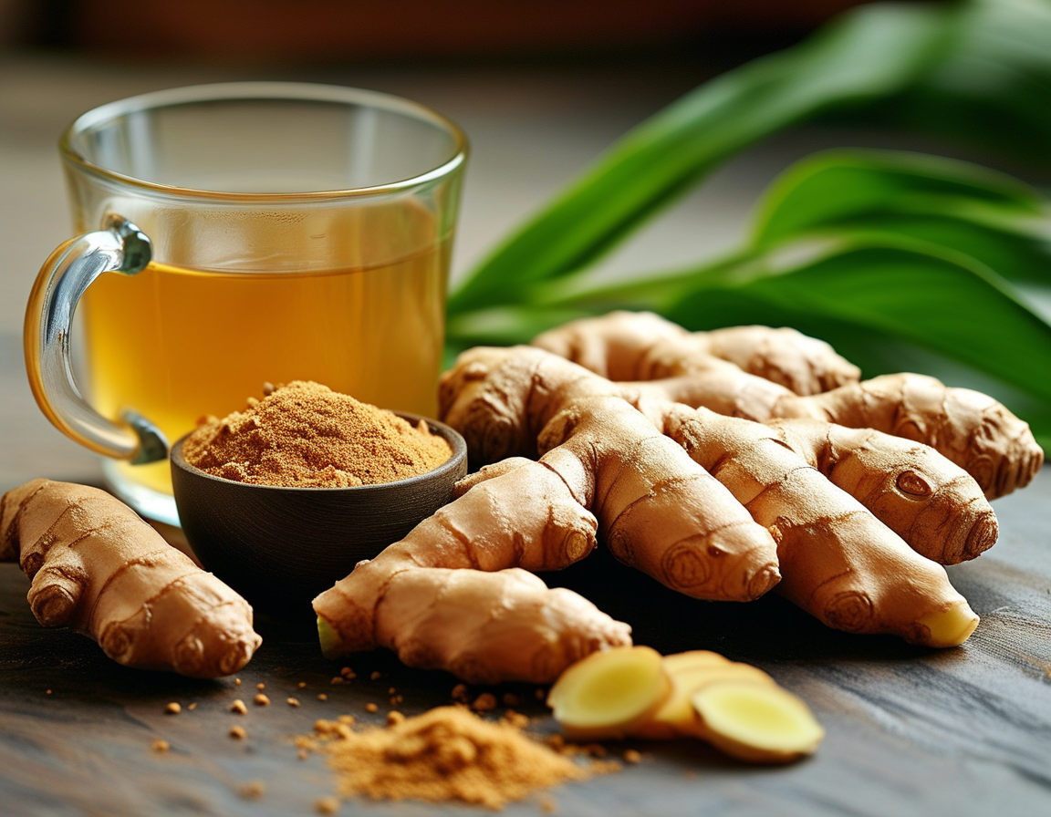 A cozy kitchen setting featuring a steaming cup of ginger tea and ginger roots, depicting the comforting and health-promoting aspects of ginger in daily life.