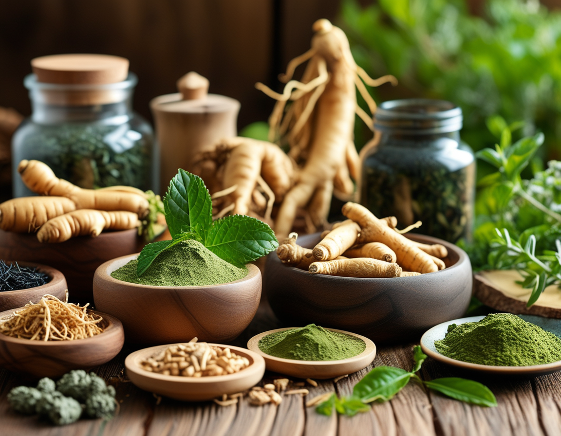 A vibrant assortment of natural energy boosters including ginseng, maca root, and green tea displayed on a wooden table, surrounded by herbs and supplements.