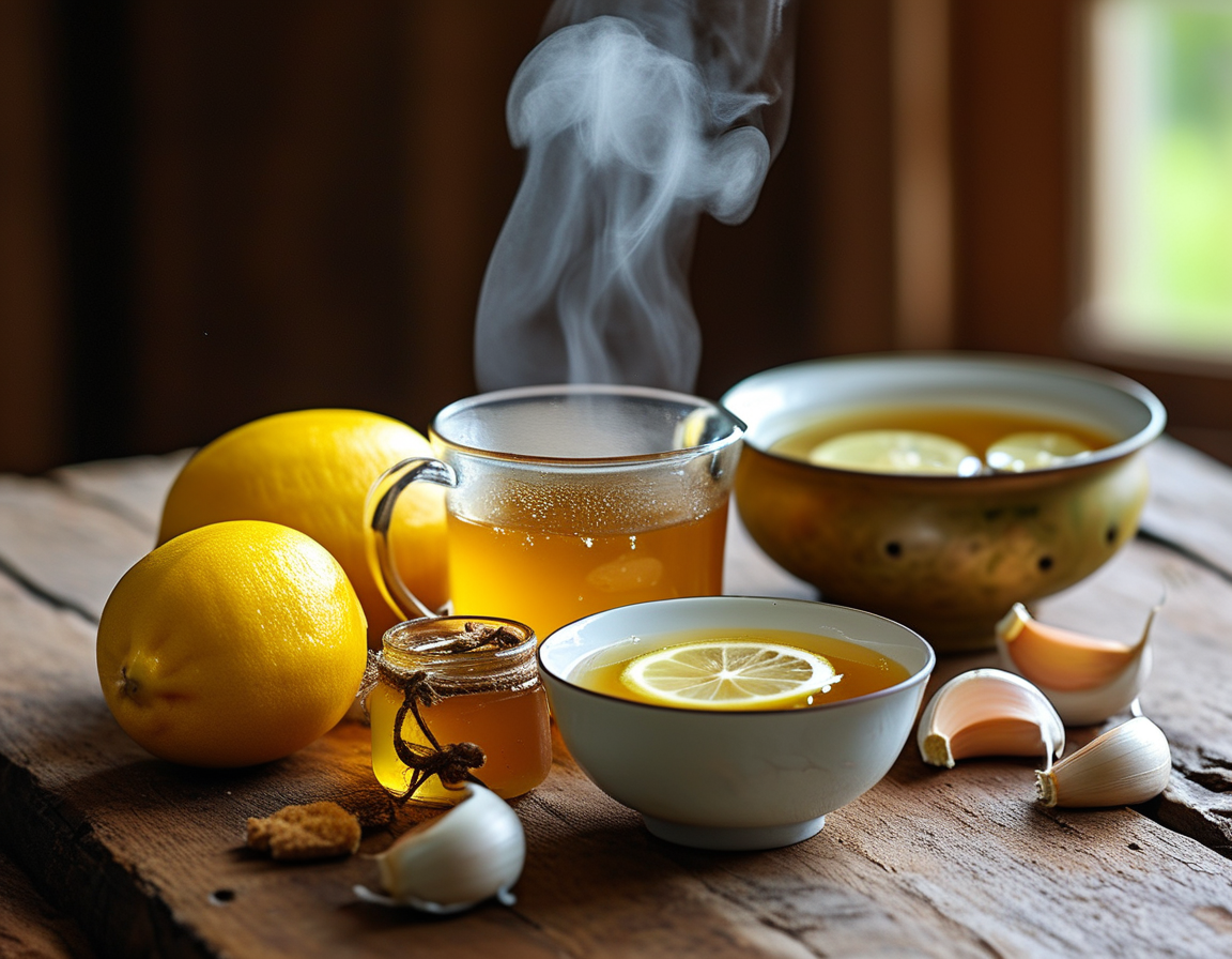 A cozy scene featuring a steaming cup of ginger tea, a jar of honey with a lemon, fresh garlic cloves, and a bowl of chicken soup, symbolizing natural cold remedies.