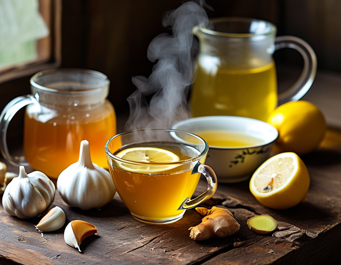 A relaxing indoor setting with a steaming bowl of chicken soup, a glass of water, herbal tea, and a warm blanket, capturing the essence of self-care during a cold.