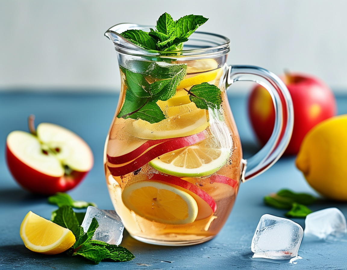 A beautifully presented detox drink made from fresh apple slices and lemon wedges in a clear pitcher, filled with icy water, garnished with mint leaves, reflecting a healthy lifestyle.