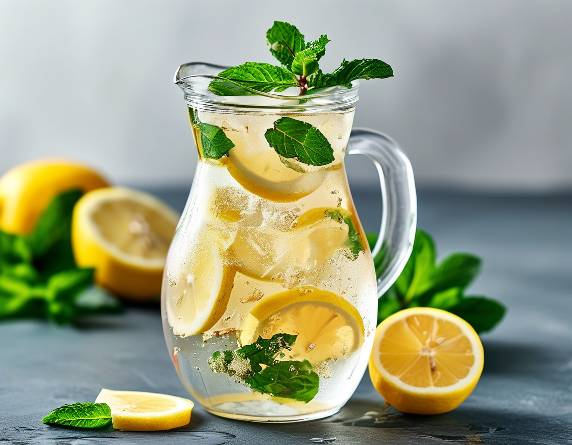 A bright kitchen scene featuring the ingredients for the detox drink, including fresh apples, lemons, honey, and a glass pitcher ready to be filled with water, promoting a healthy routine.