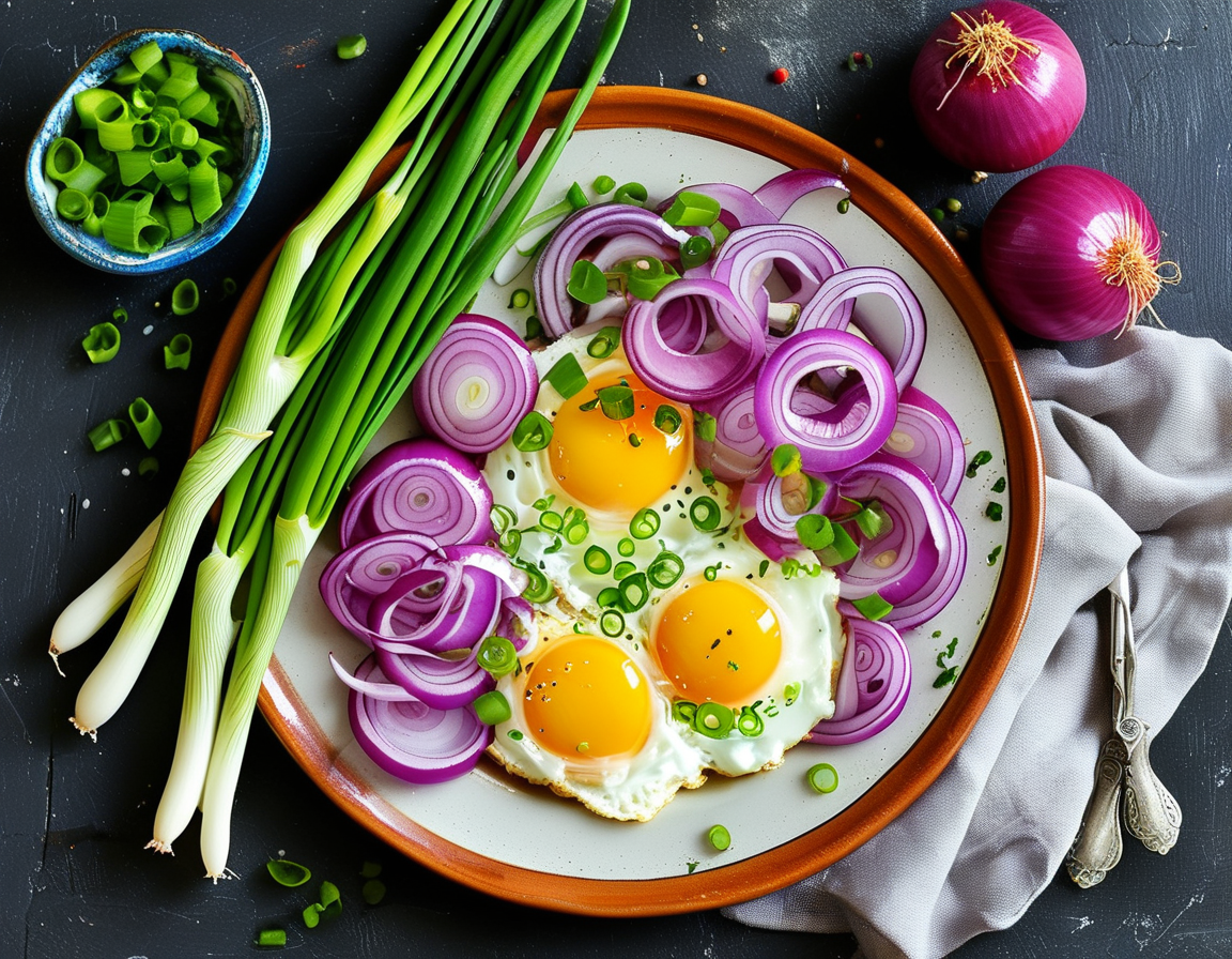 An attractive arrangement of purple onions, vinegar, and a plate of shallots and eggs, illustrating the health benefits of these ingredients for male vitality.