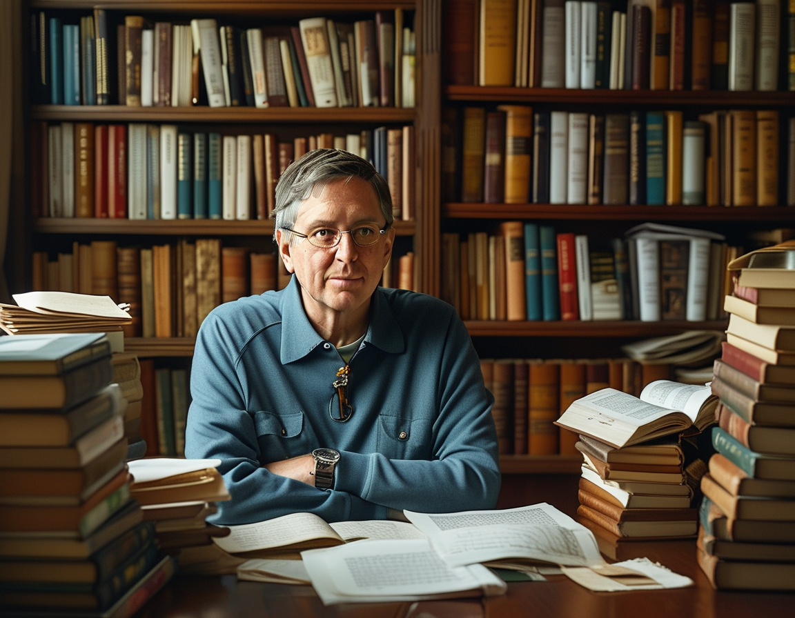 A thoughtful Bill Gates seated at a table, surrounded by books and documents, reflecting on his journey and philanthropic philosophy, symbolizing wealth and responsibility.