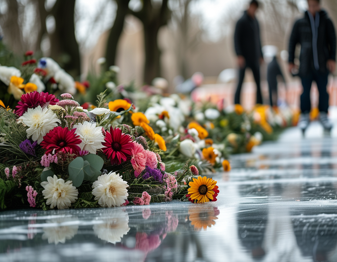 A pair of ice skates resting on the ice, symbolizing the dreams and hopes of the young skater Olivia, representing a future now lost in tragedy.