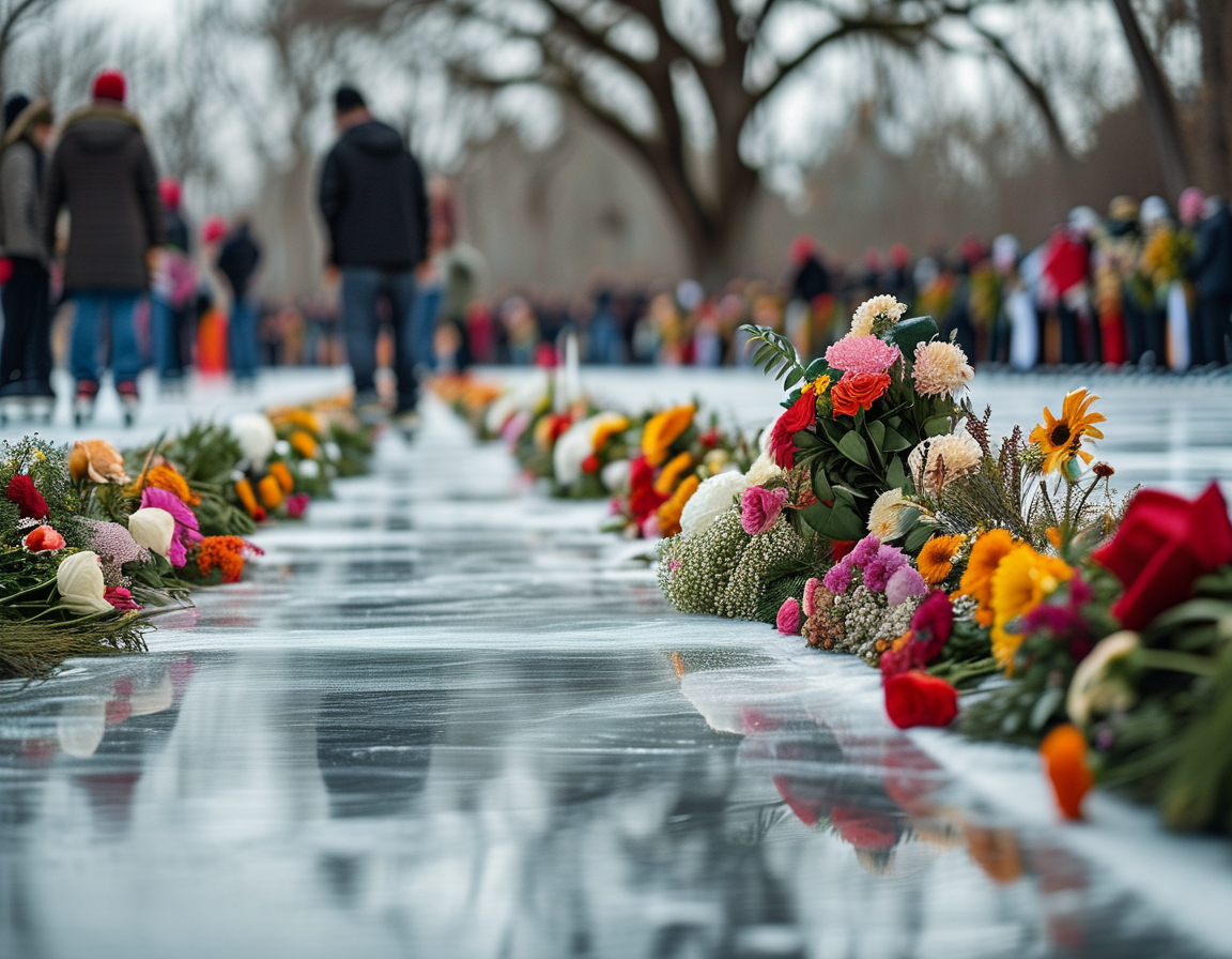 A close-up of a makeshift memorial with photos of Olesya and Olivia, surrounded by candles and flowers, capturing the love and remembrance of the community.