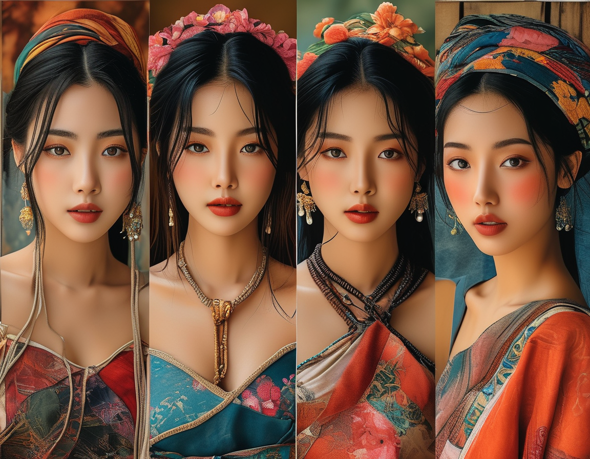 A collage of Asian women from different regions, showcasing their unique beauty and cultural attire, reflecting strength and elegance.