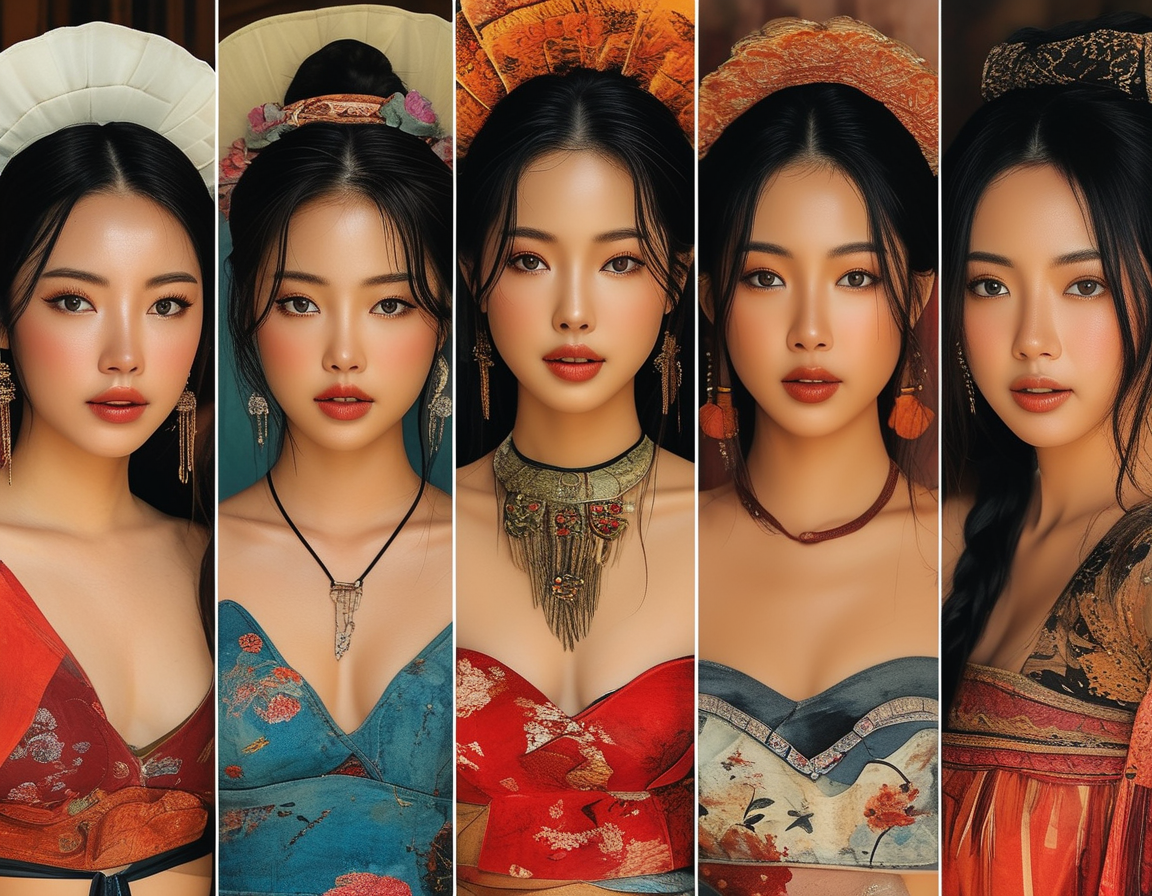 A group of Asian women smiling and wearing traditional attire, their expressive eyes and vibrant colors representing the warmth and diversity of the continent.
