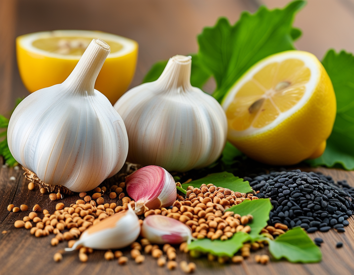 A close-up of a glass of refreshing infusion made from garlic, ginger, and lemon, surrounded by the main ingredients used in natural cholesterol management.