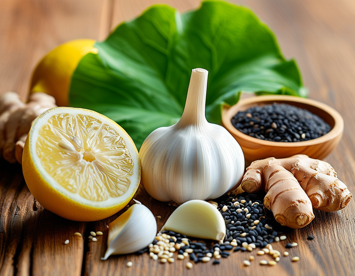 An artistic depiction of dried lotus leaves and black sesame seeds with a steaming cup of herbal tea, illustrating the natural healing power for better health.