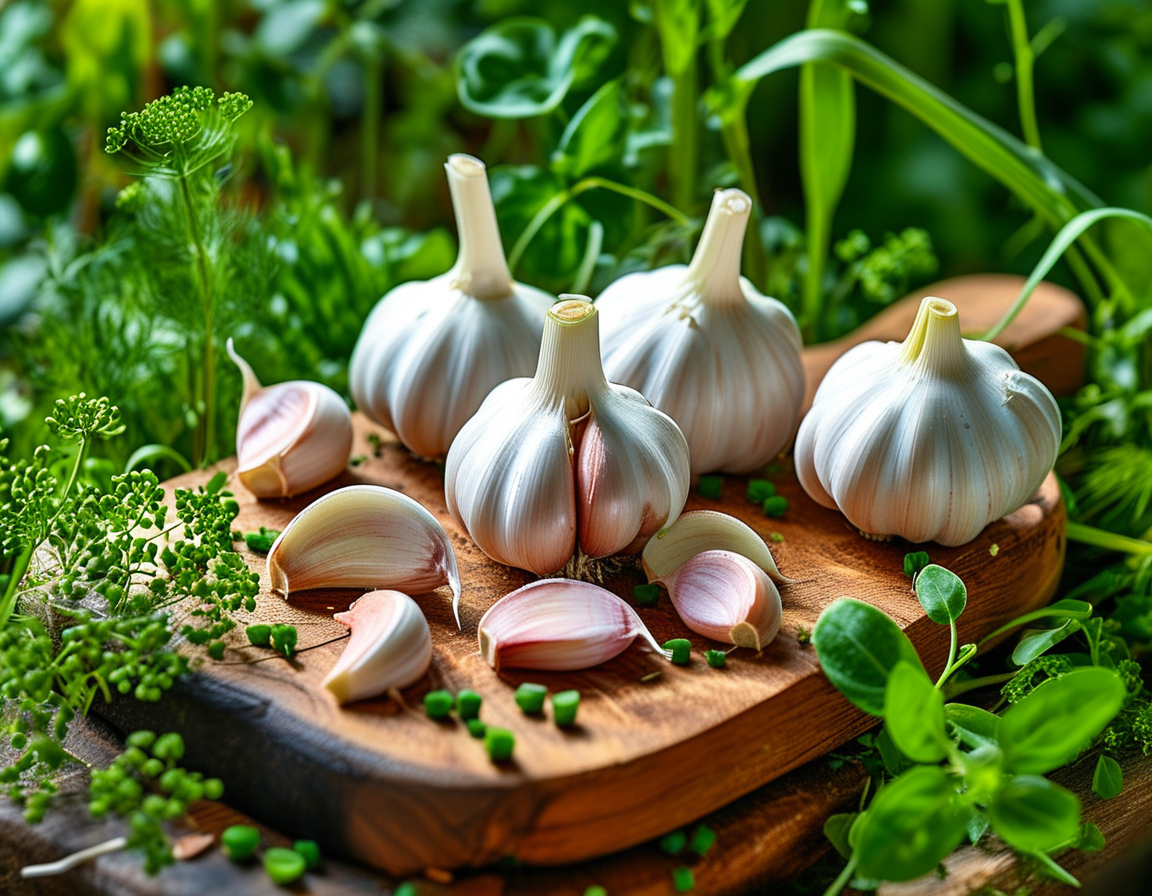 A fresh garlic bulb and cloves on a wooden cutting board, surrounded by greenery and herbs, symbolizing health and nutrition benefits for the brain.