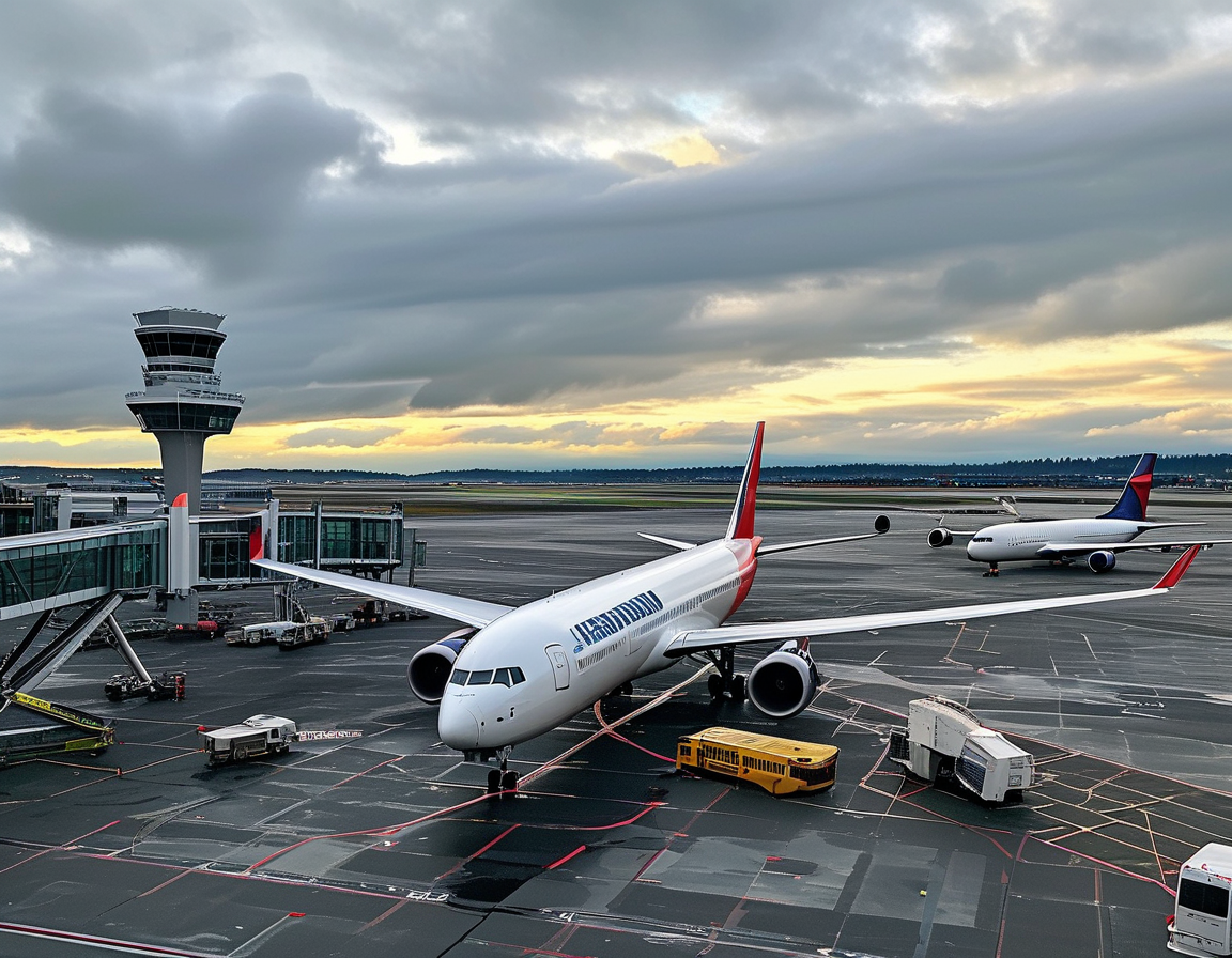 The image shows the tarmac at SeaTac Airport where a Japan Airlines wing has collided with the tail of a parked Delta Air Lines aircraft, highlighting the scene of the incident.