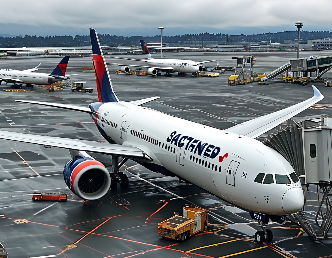Emergency responders evaluating the collision site at Seattle–Tacoma International Airport, with a backdrop of both Japan Airlines and Delta Air Lines planes on the tarmac.