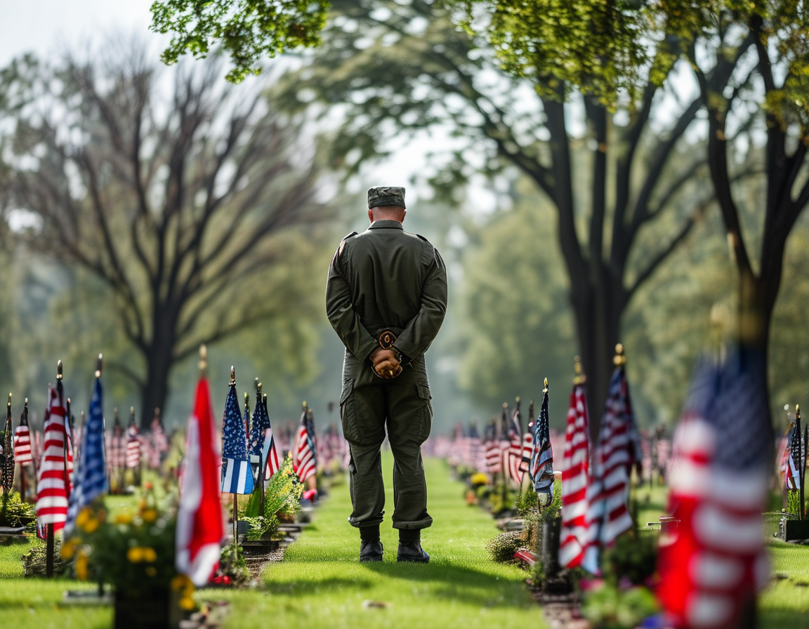 A somber father stands at a military grave, holding a framed photo of his son, Staff Sgt. Ryan O'Hara, with head bowed in remembrance. Flags surround the site, symbolizing honor and sacrifice.