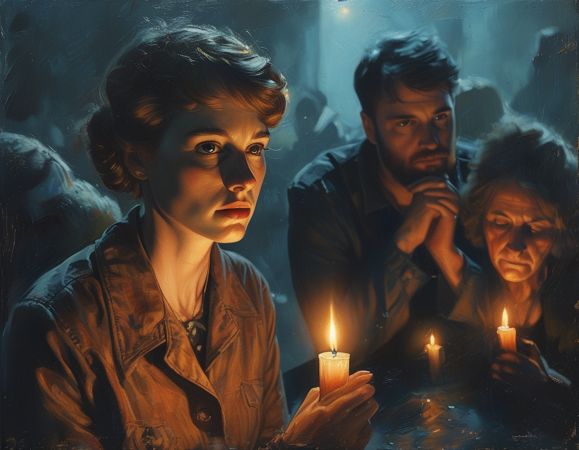 A somber scene depicting a candlelight vigil for Ellen Greenberg, with family and friends gathered to honor her memory and seek justice for her untimely death. Soft lighting and poignant expressions capture the emotional atmosphere of the event.