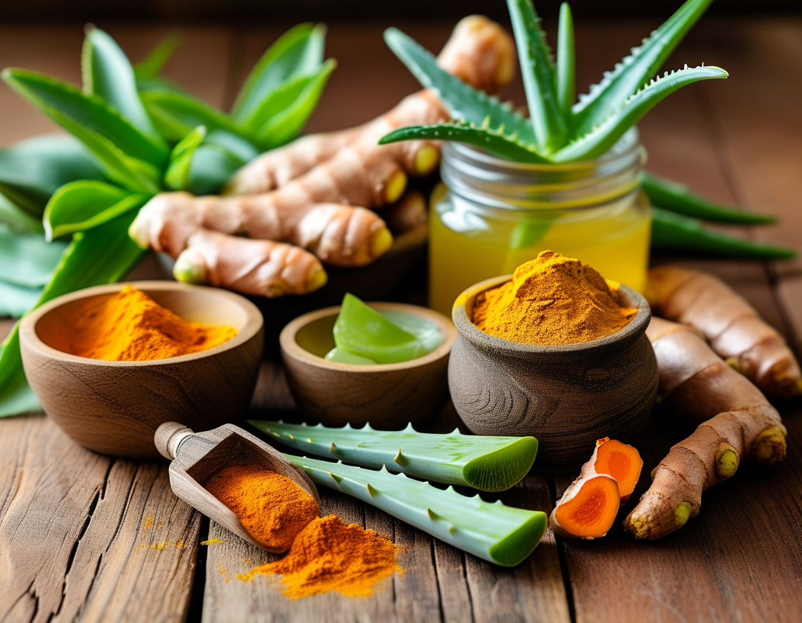 An array of natural ingredients for stomach pain relief, featuring fresh turmeric, ginger, and an aloe vera plant, beautifully arranged on a wooden table.
