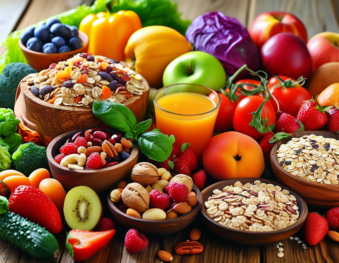 A variety of fiber-rich foods including whole grains, fruits, nuts, and vegetables displayed on a wooden table, showcasing their vibrant colors and textures that promote digestive health.