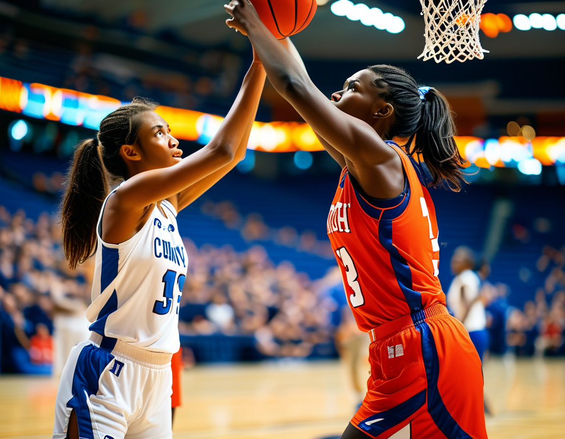 A heated basketball game between the Tennessee Lady Vols and the UConn Huskies, showcasing intense action as players compete fiercely for the ball under the bright arena lights.