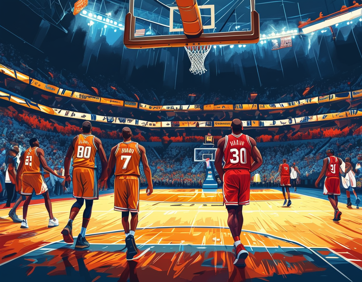 An illustration of a basketball court with players in motion, emphasizing the excitement and uncertainty of the NBA buyout market.
