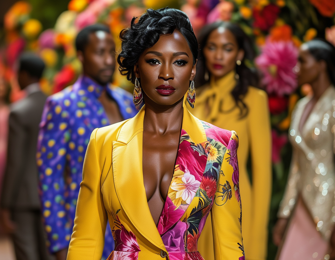 A vibrant fashion show scene featuring celebrities in the front row, including Whoopi Goldberg in a striking blazer and Katie Holmes with a poised presence, all set against a floral backdrop.