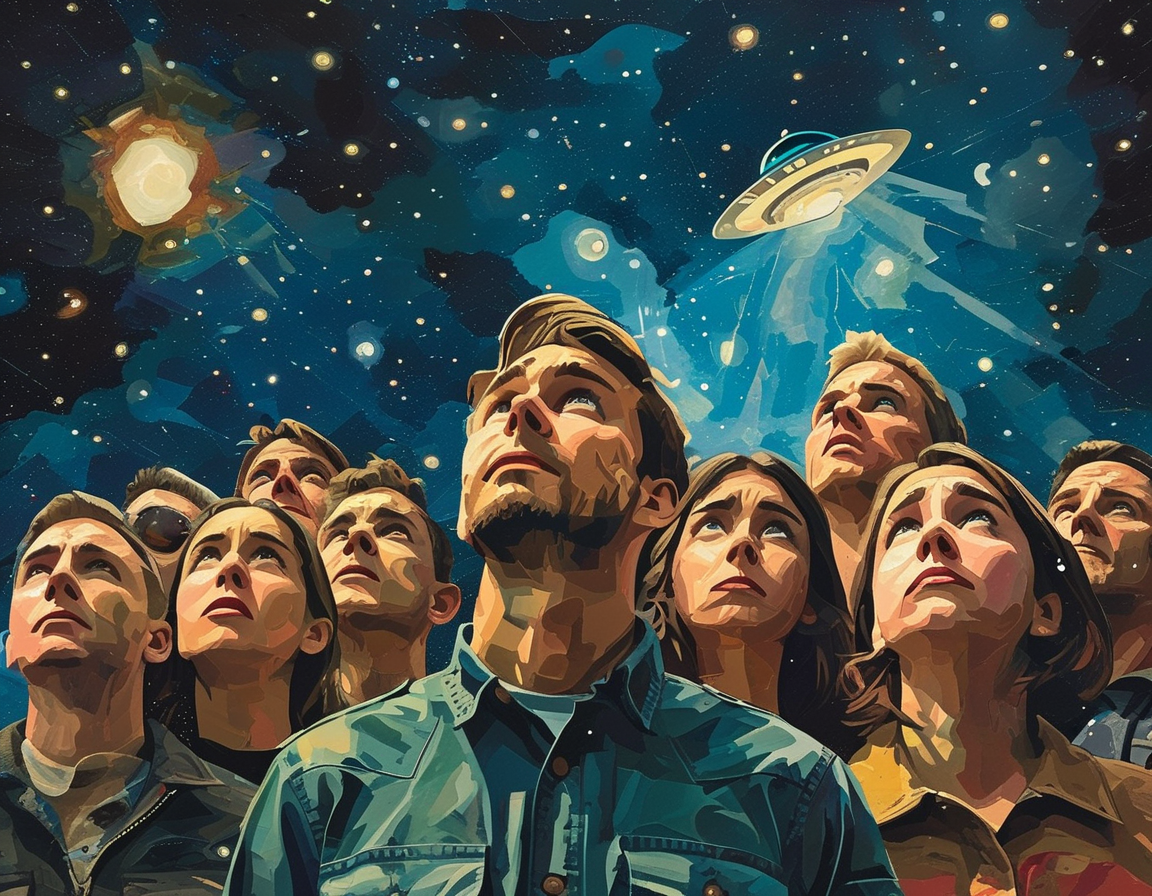 A collage showing a confused Canadian public looking up at a night sky filled with stars and an unexplained light, symbolizing curiosity about UFOs and UAP. Various facial expressions portray intrigue, hesitation, and skepticism.