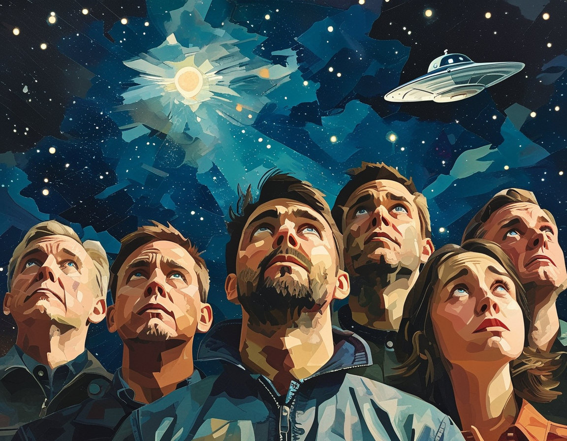 A scene of a group of Canadians gathered around smartphones, engaging in discussions about UFO sightings, accompanied by a background of a dark sky with mysterious lights, representing citizen involvement.