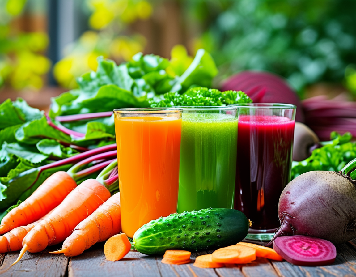 A vibrant assortment of freshly squeezed vegetable juices displayed in clear glass cups, including carrot, beetroot, and cucumber juices, surrounded by fresh vegetables like carrots, beets, and cucumbers on a wooden table.