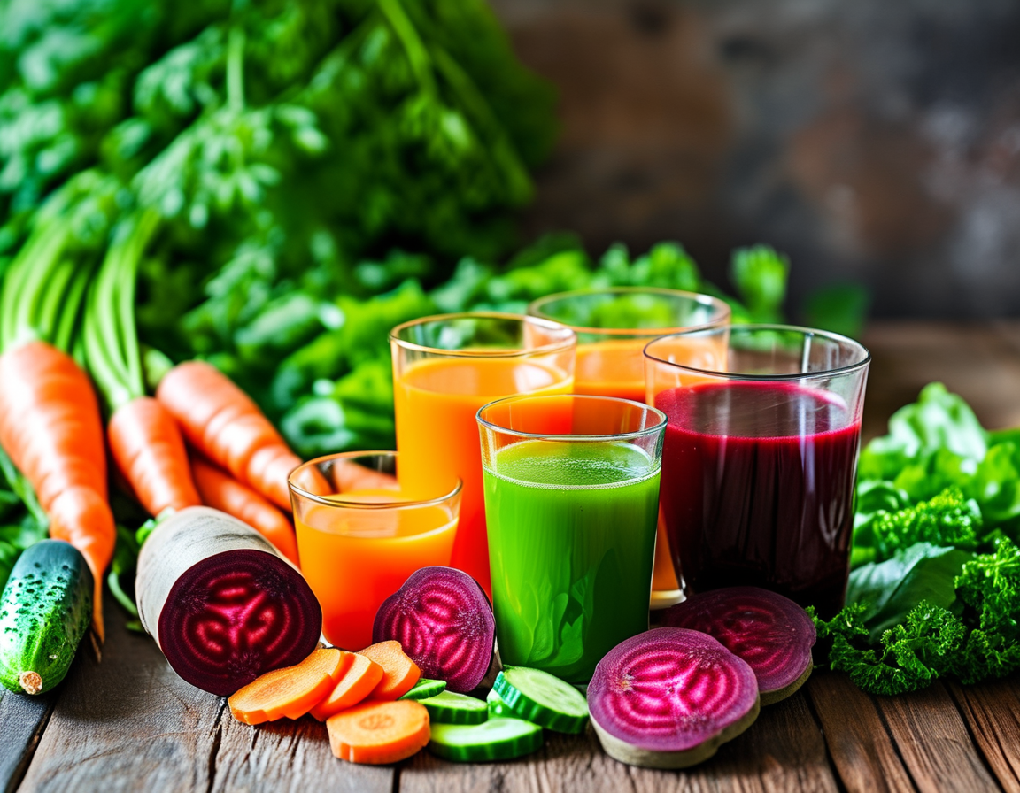 A colorful, artistic arrangement of various vegetable juices and ingredients, such as celery, carrots, and beets, with droplets of water on the glasses, symbolizing freshness and wellness.