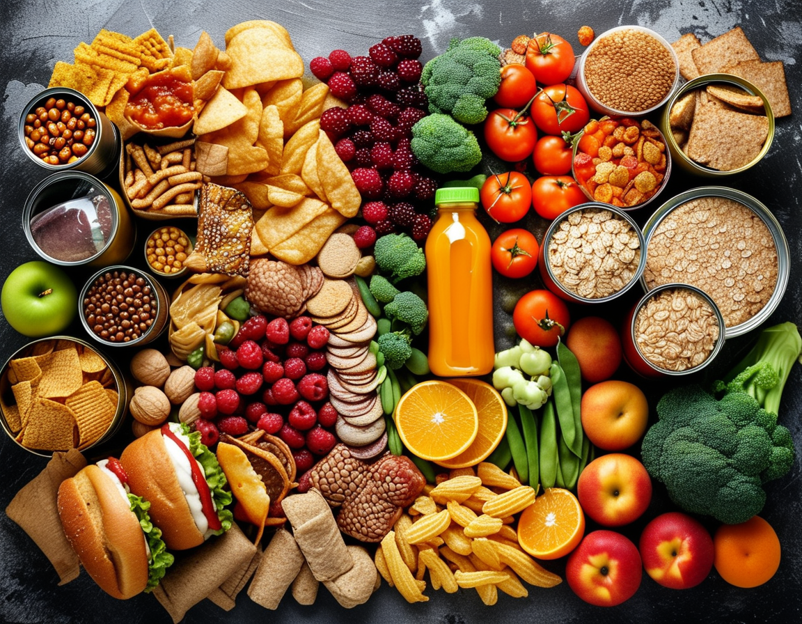 An array of unhealthy foods such as fast-food items, sugary snacks, and canned foods displayed on one side. On the other side, fresh fruits, vegetables, and whole grains represent healthier choices for vein health.