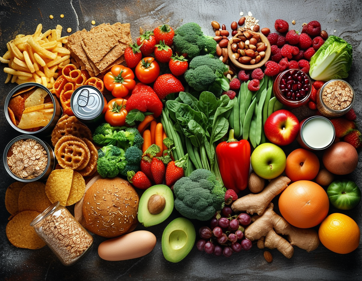 An infographic showing the effects of different foods on veins, featuring icons for high-sodium, sugar, and unhealthy fats alongside symbols of wholesome foods like fruits, nuts, and whole grains.