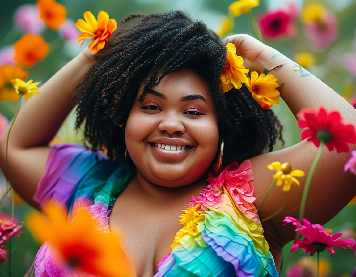 A joyful chubby girl confidently posing in a colorful outfit, radiating positivity and embracing her curves, surrounded by vibrant flowers.