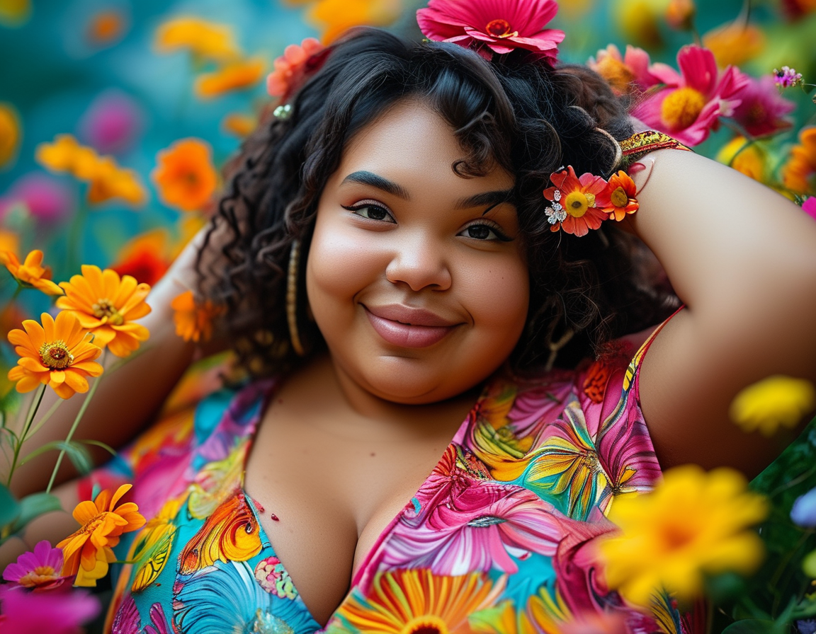 A group of diverse chubby women laughing together in a park, showcasing their unique styles and vibrant personalities, symbolizing unity and confidence.