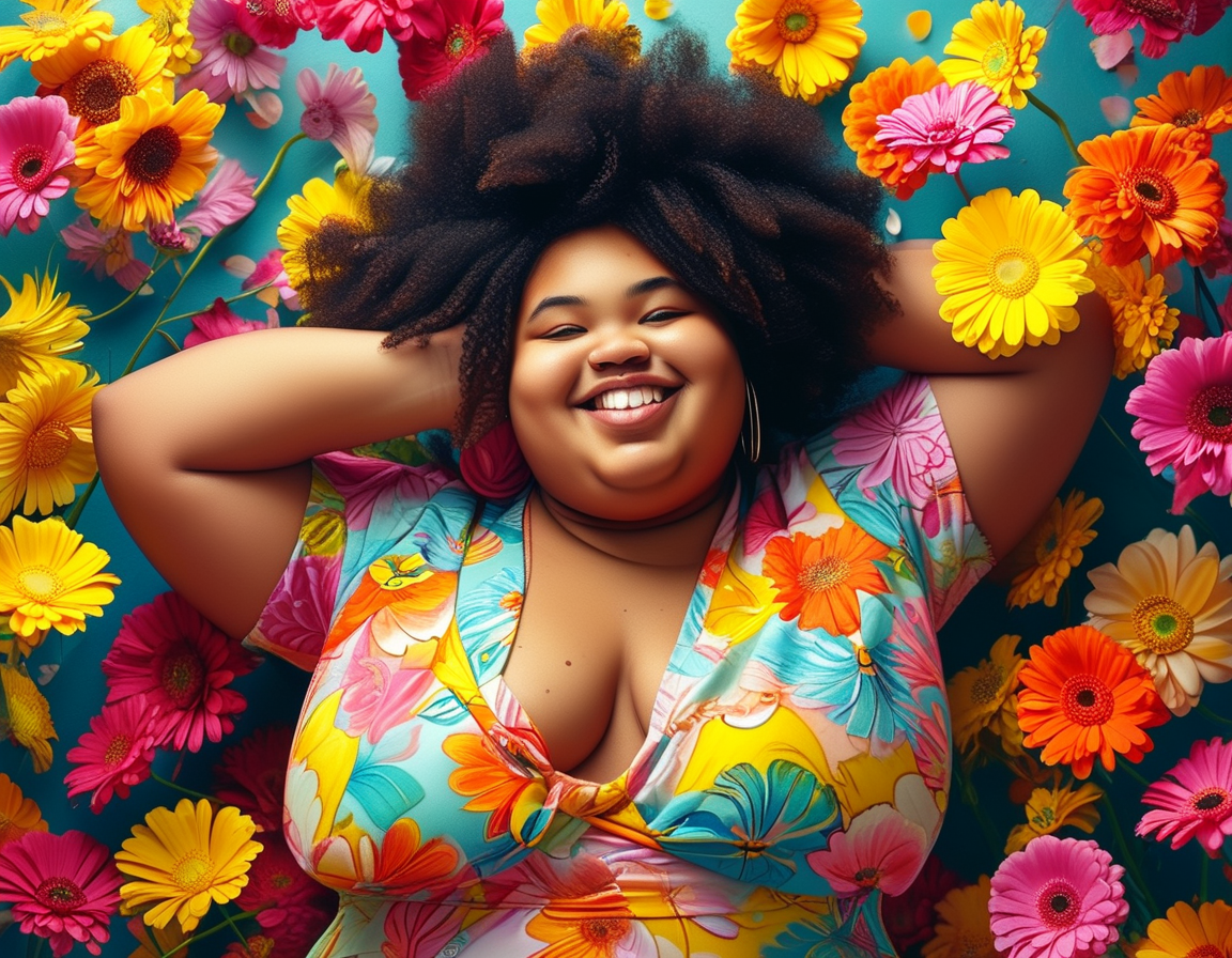 A close-up of a chubby girl wearing a stylish outfit, expressing herself through fashion with a bright smile, highlighting the message of self-acceptance.