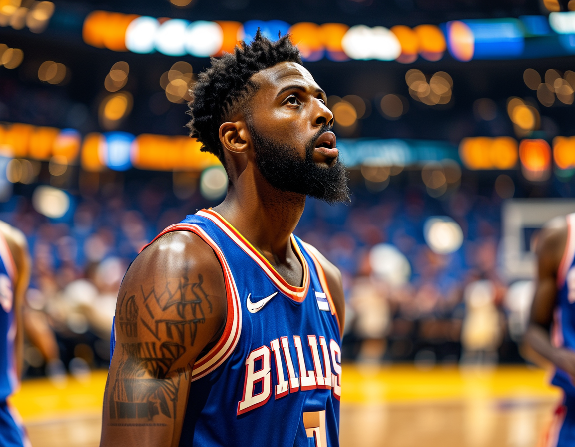 A tense moment captured during a Pistons vs 76ers game, showcasing the vibrant arena atmosphere, fans in anticipation, and players warming up. The absence of Cade Cunningham is felt as the Pistons prepare to face a strong 76ers lineup.