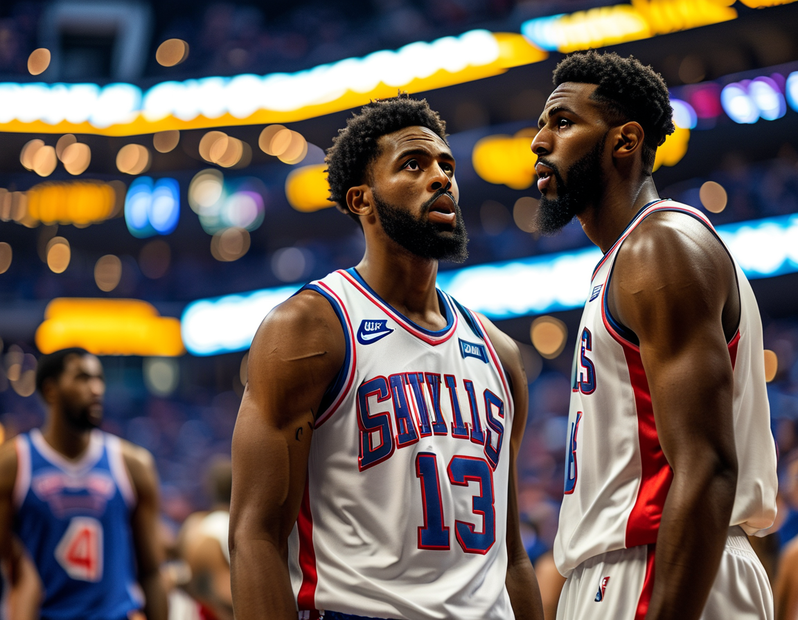 A dramatic shot of the Philadelphia 76ers huddled together on the court, with Joel Embiid leading the charge, representing the team's determination to capitalize on their collective strength against a wounded Pistons squad.
